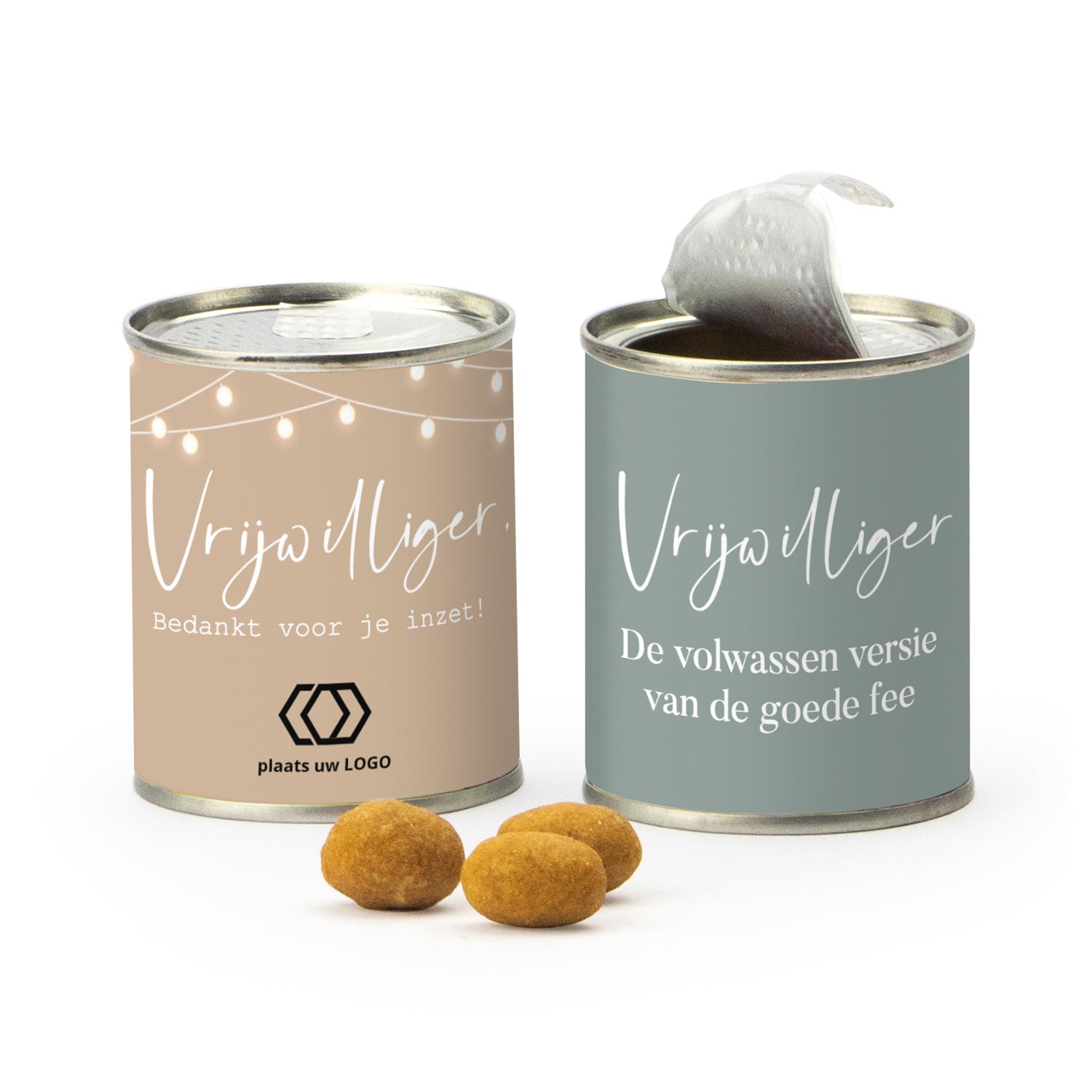 Blikje borrelnootjes met logo - Vrijwilliger - Bedankjes.nl