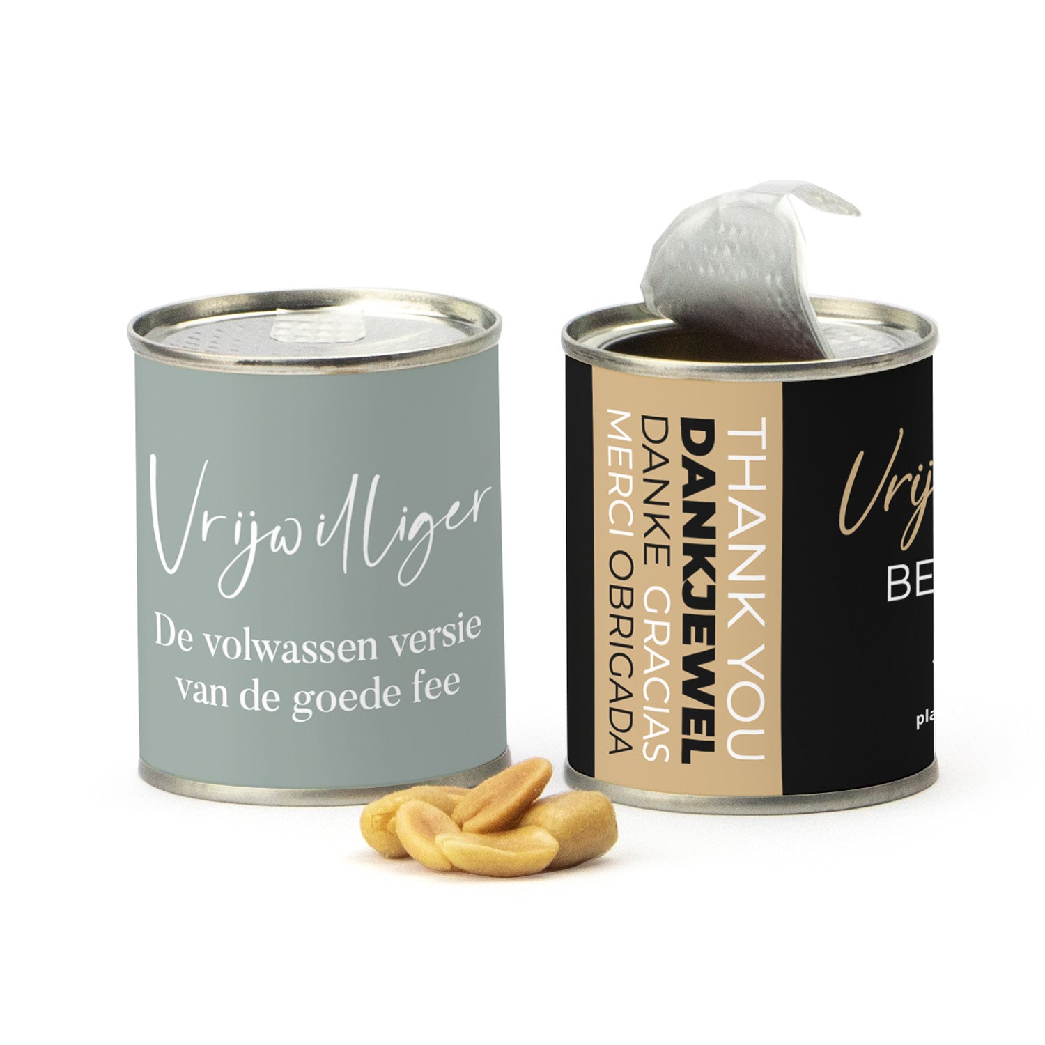 Blikje zoute pinda met logo - Vrijwilliger - Bedankjes.nl