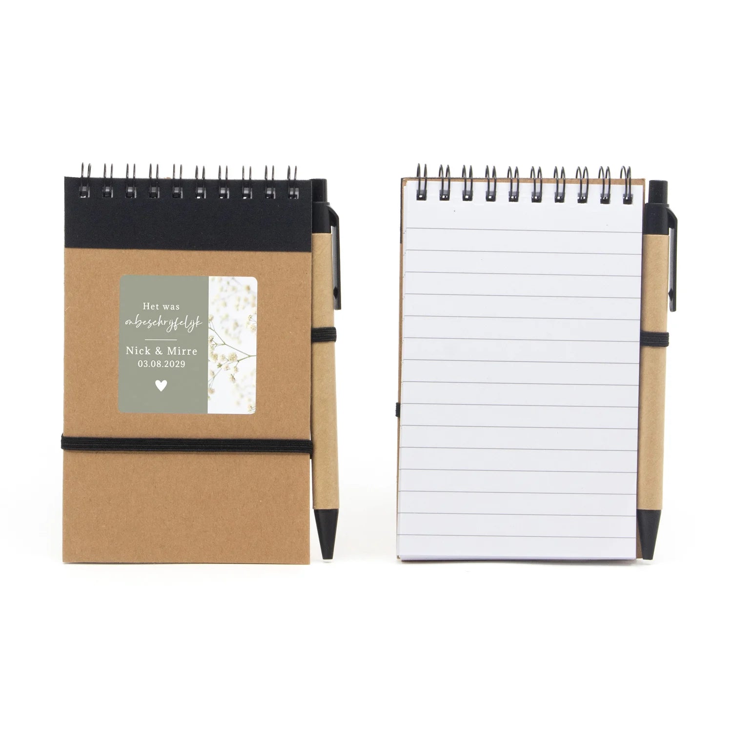 Notitieboekje met balpen en eigen etiket - Trouwen - Bedankjes.nl
