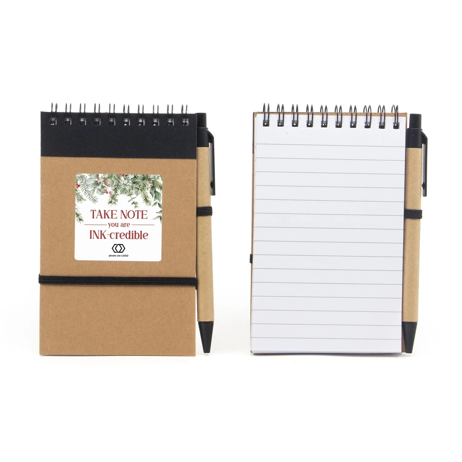 Notitieboekje met balpen en eigen etiket - Kerst - Bedankjes.nl