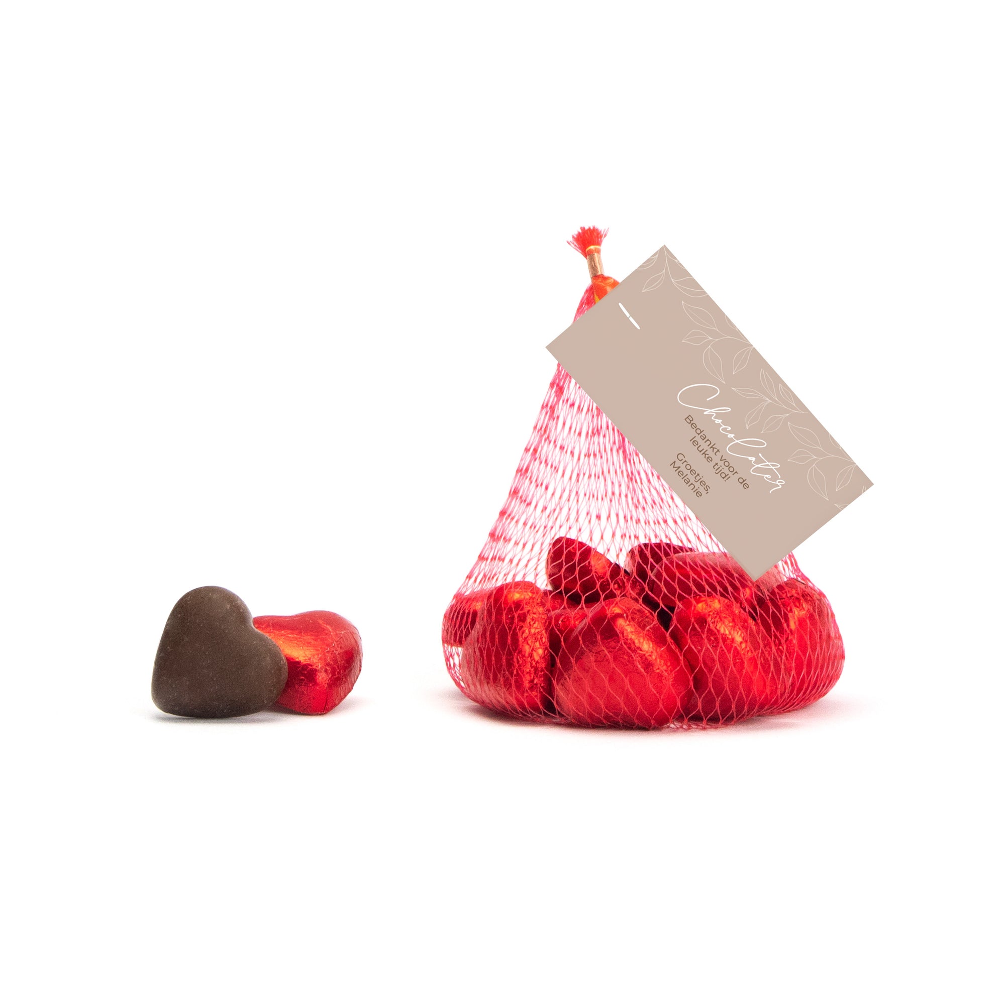 Chocolade hartjes met kaartje - Afscheid Collega - Bedankjes.nl