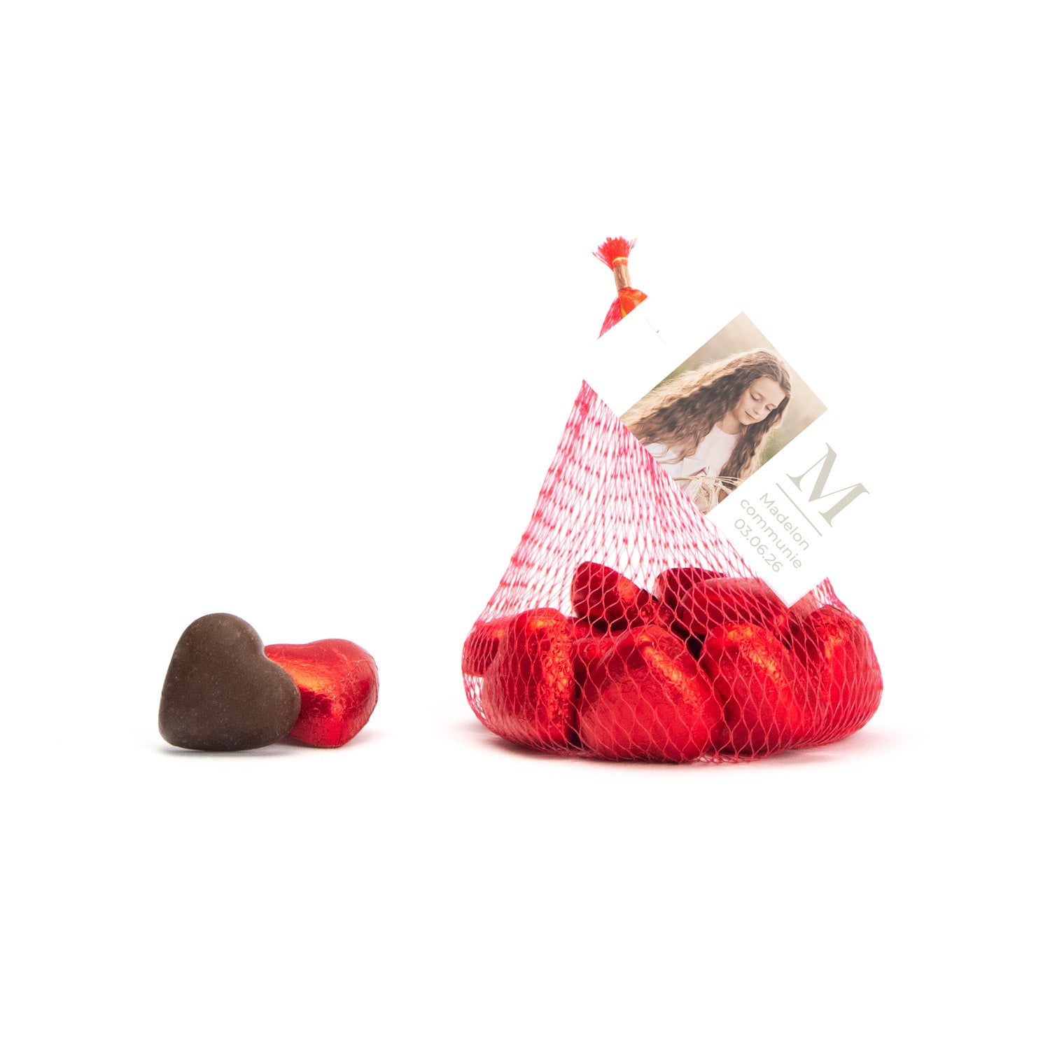 Chocolade hartjes met kaartje - Communie meisjes - Bedankjes.nl