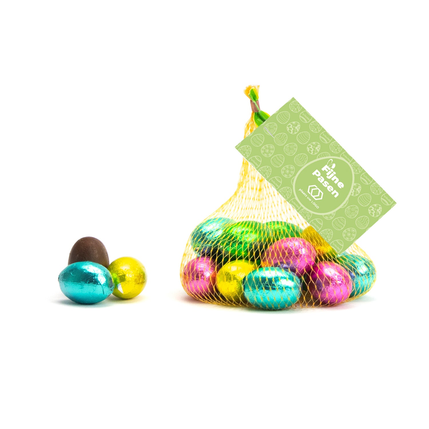 Paaseitjes in netje met eigen kaartje - Pasen - Bedankjes.nl