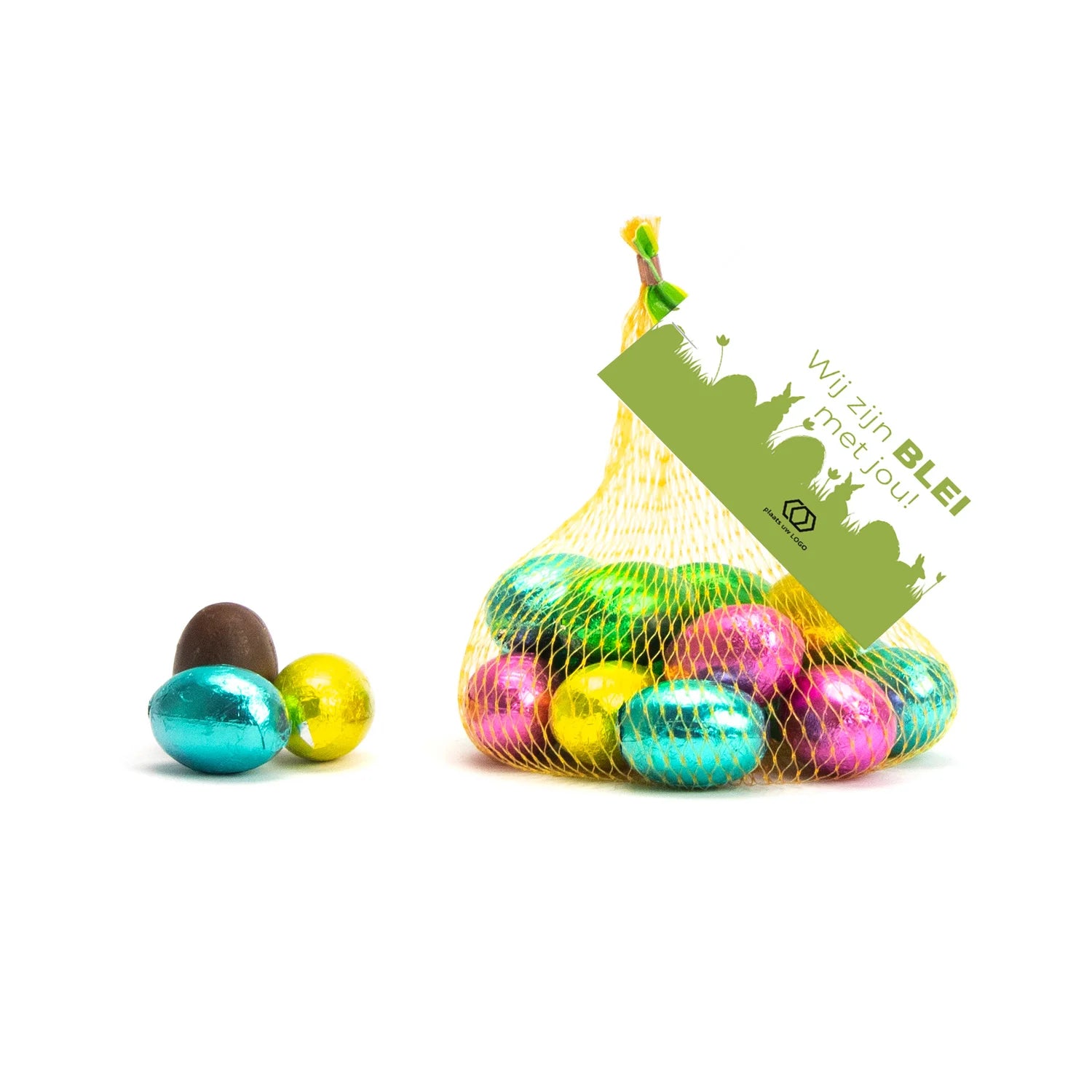 Paaseitjes in netje met eigen kaartje - Pasen - Bedankjes.nl