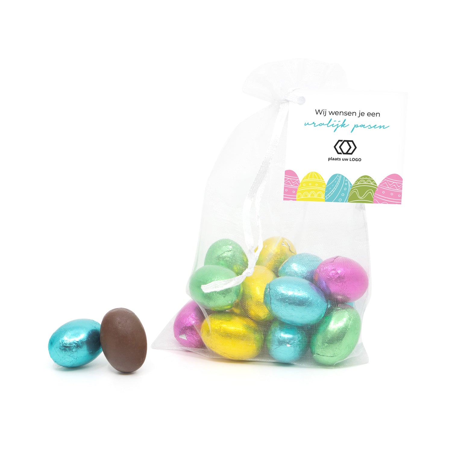 Organza zakje met paaseitjes en eigen kaartje - Pasen - Bedankjes.nl