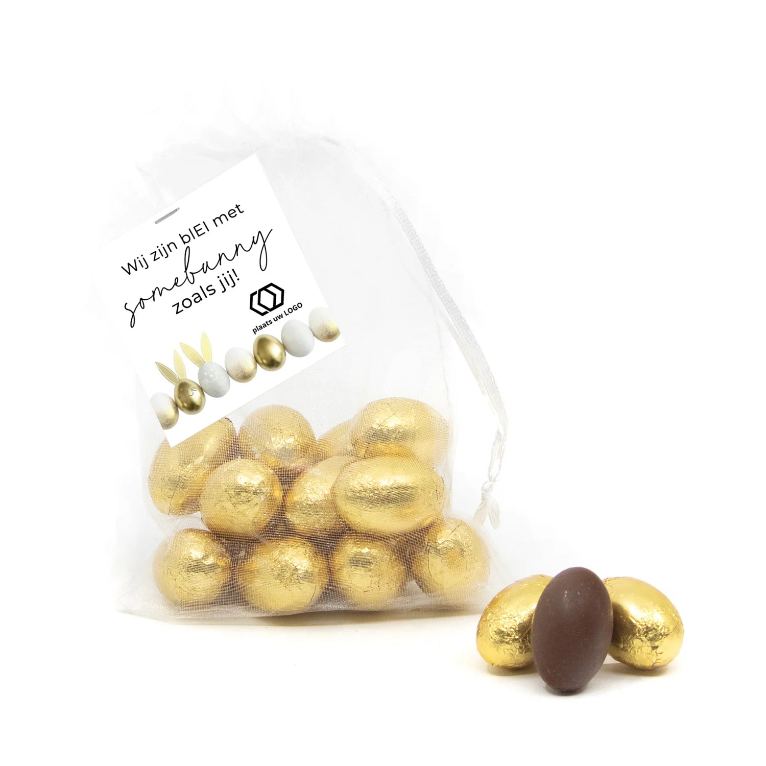 Organza zakje met paaseitjes en eigen kaartje - Pasen - Bedankjes.nl