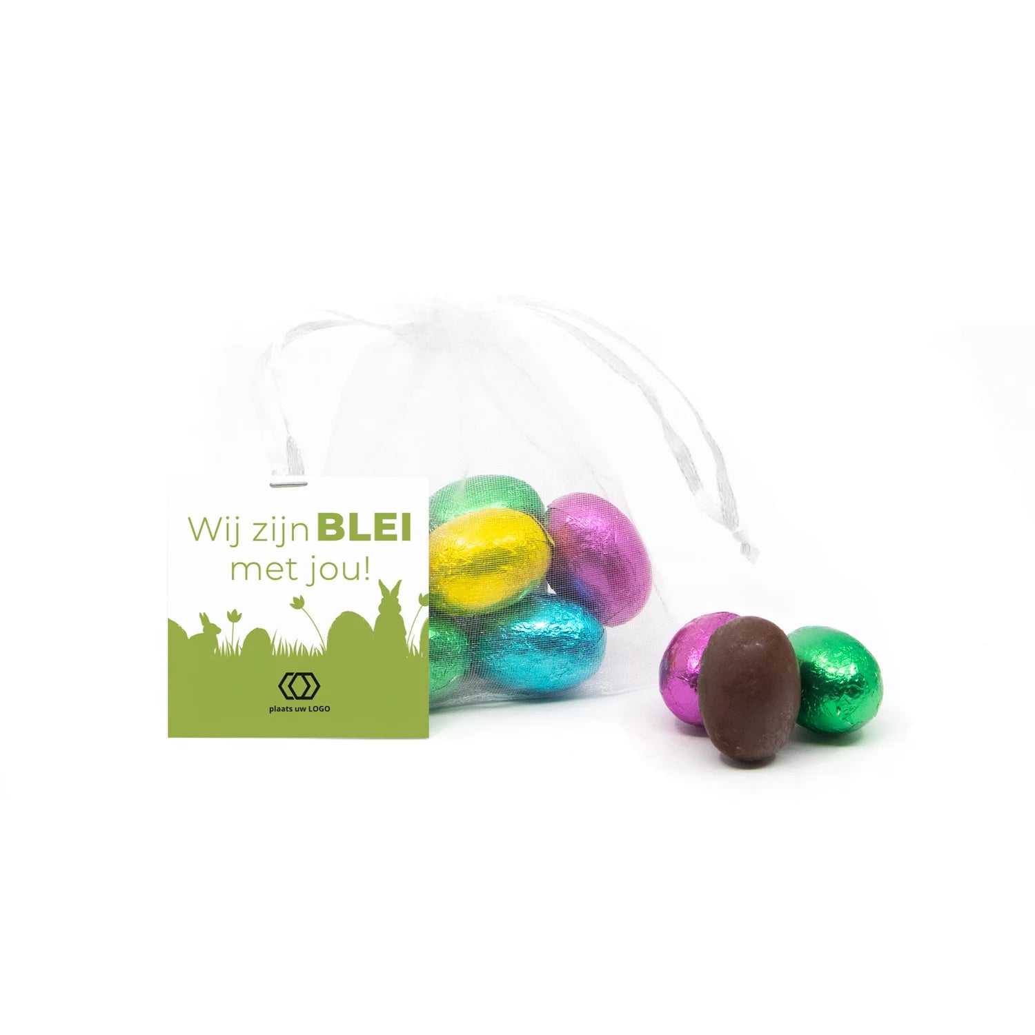 Organza zakje met paaseitjes en kaartje - Pasen - Bedankjes.nl