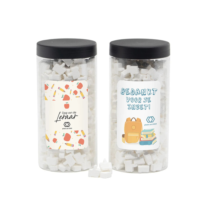 Pot met snoep en eigen etiket zwart deksel - Leraar Pot met snoep en eigen etiket zwart deksel - Leraar