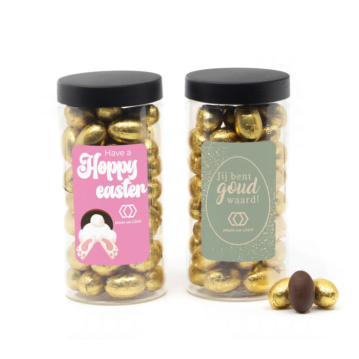 Pot met paaseitjes en eigen etiket zwart deksel - Pasen Pot met paaseitjes en eigen etiket zwart deksel - Pasen