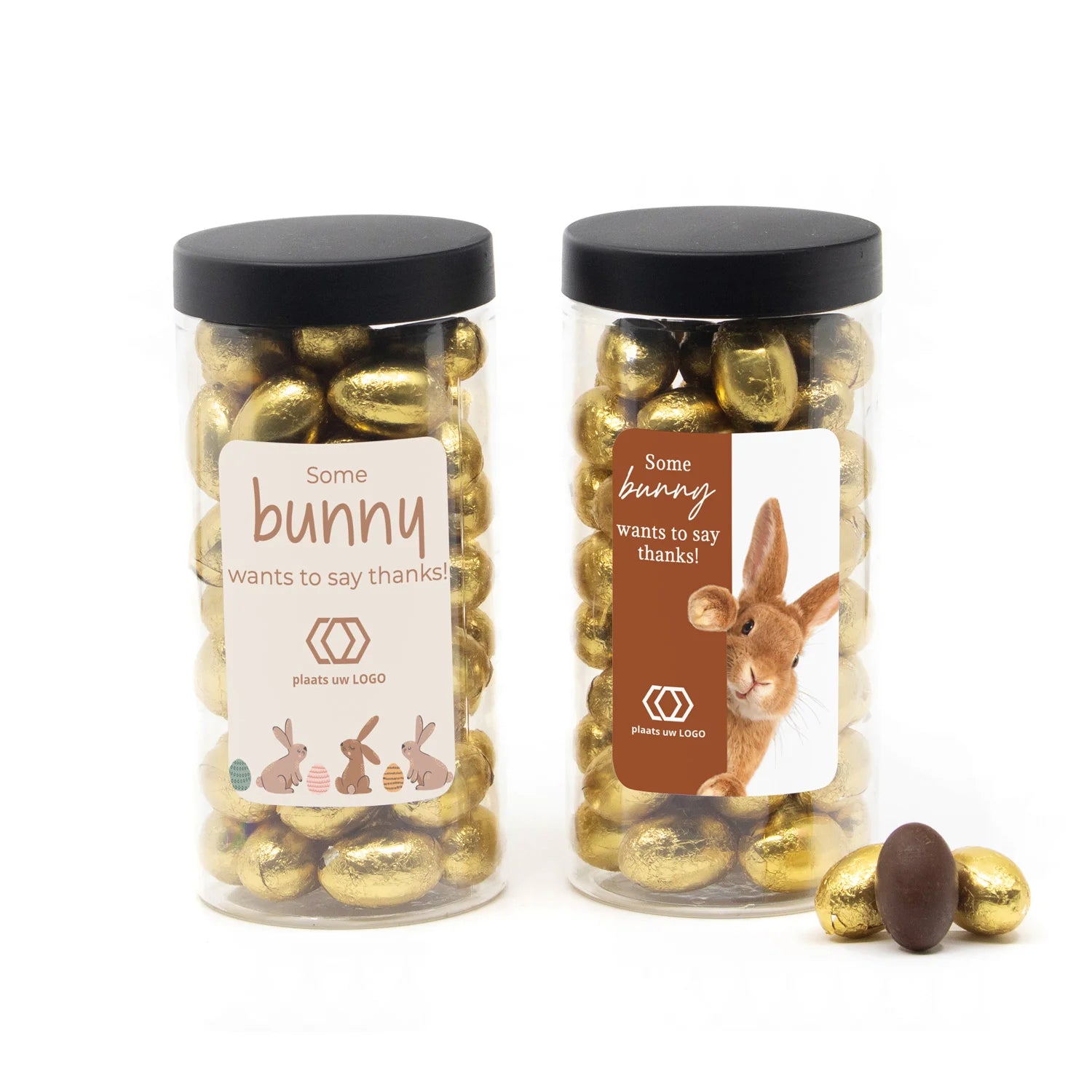Pot met paaseitjes en eigen etiket zwart deksel - Pasen - Bedankjes.nl