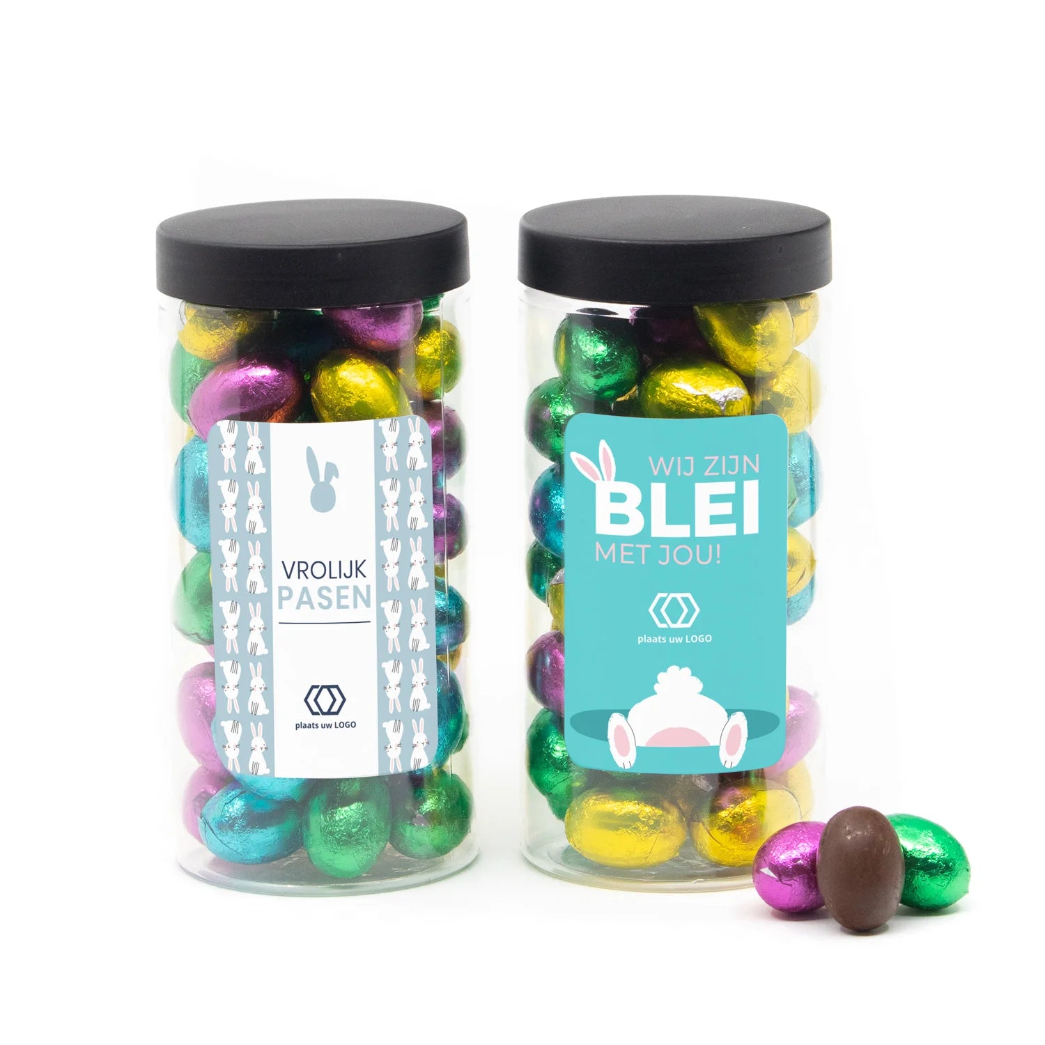 Pot met paaseitjes en eigen etiket zwart deksel - Pasen - Bedankjes.nl