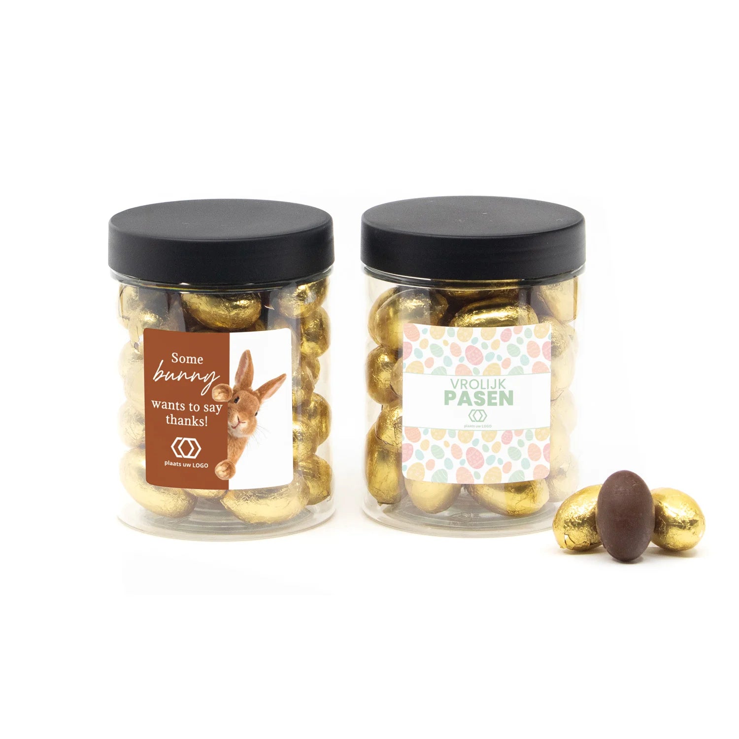 Potje met paaseitjes en eigen etiket zwart deksel - Pasen - Bedankjes.nl