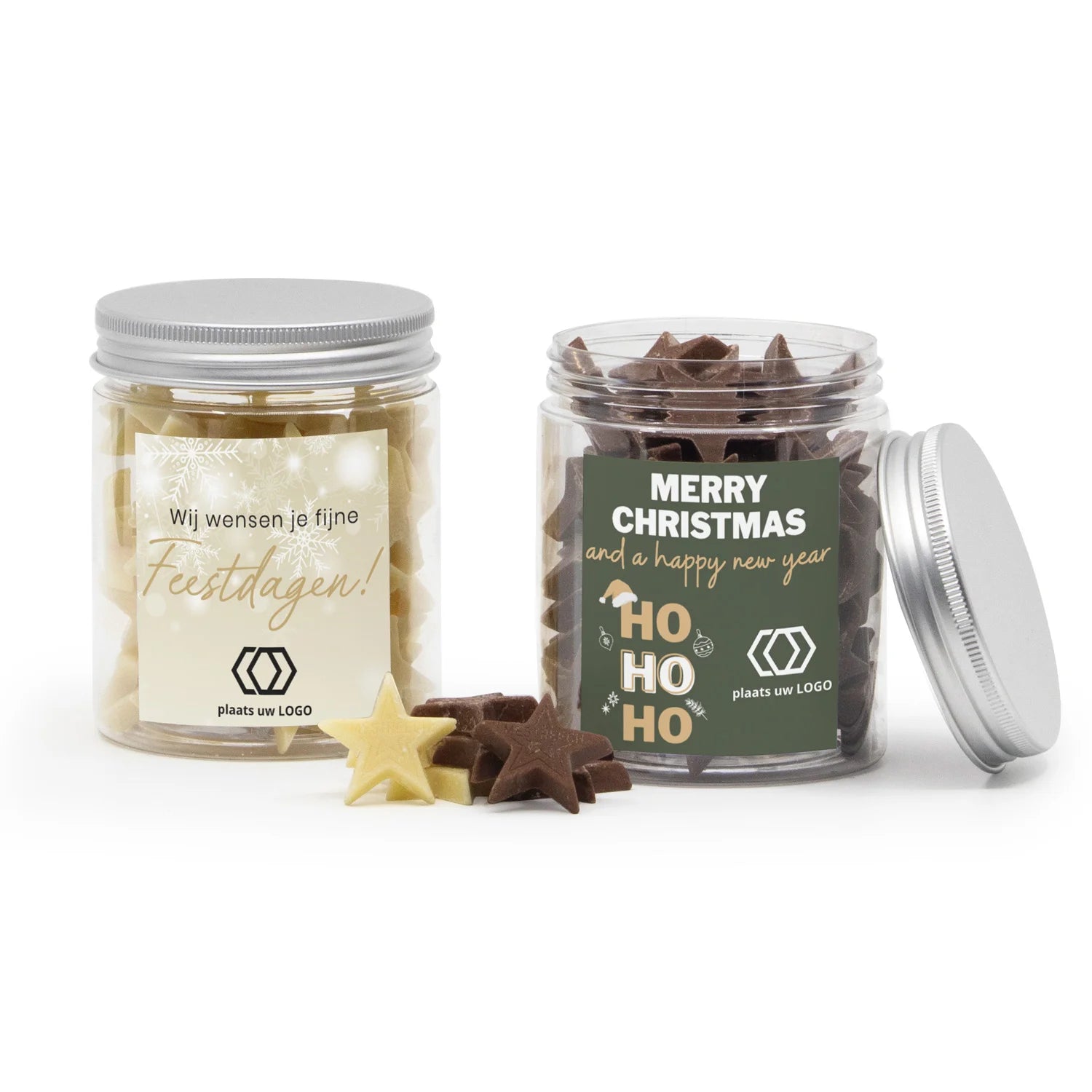 Groot potje met chocolade sterren en eigen etiket - Kerst - Bedankjes.nl