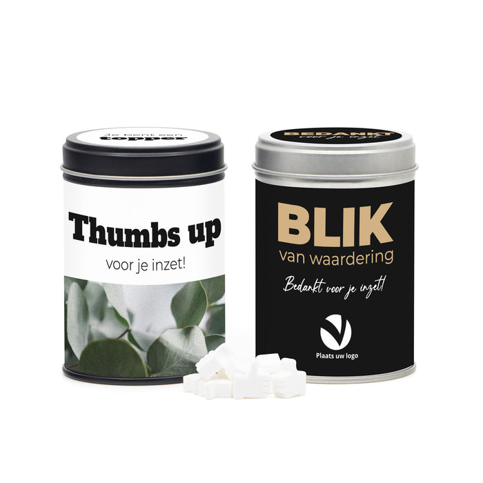 Blik met snoep en eigen wikkel - Zakelijk Blik met snoep en eigen wikkel - Zakelijk