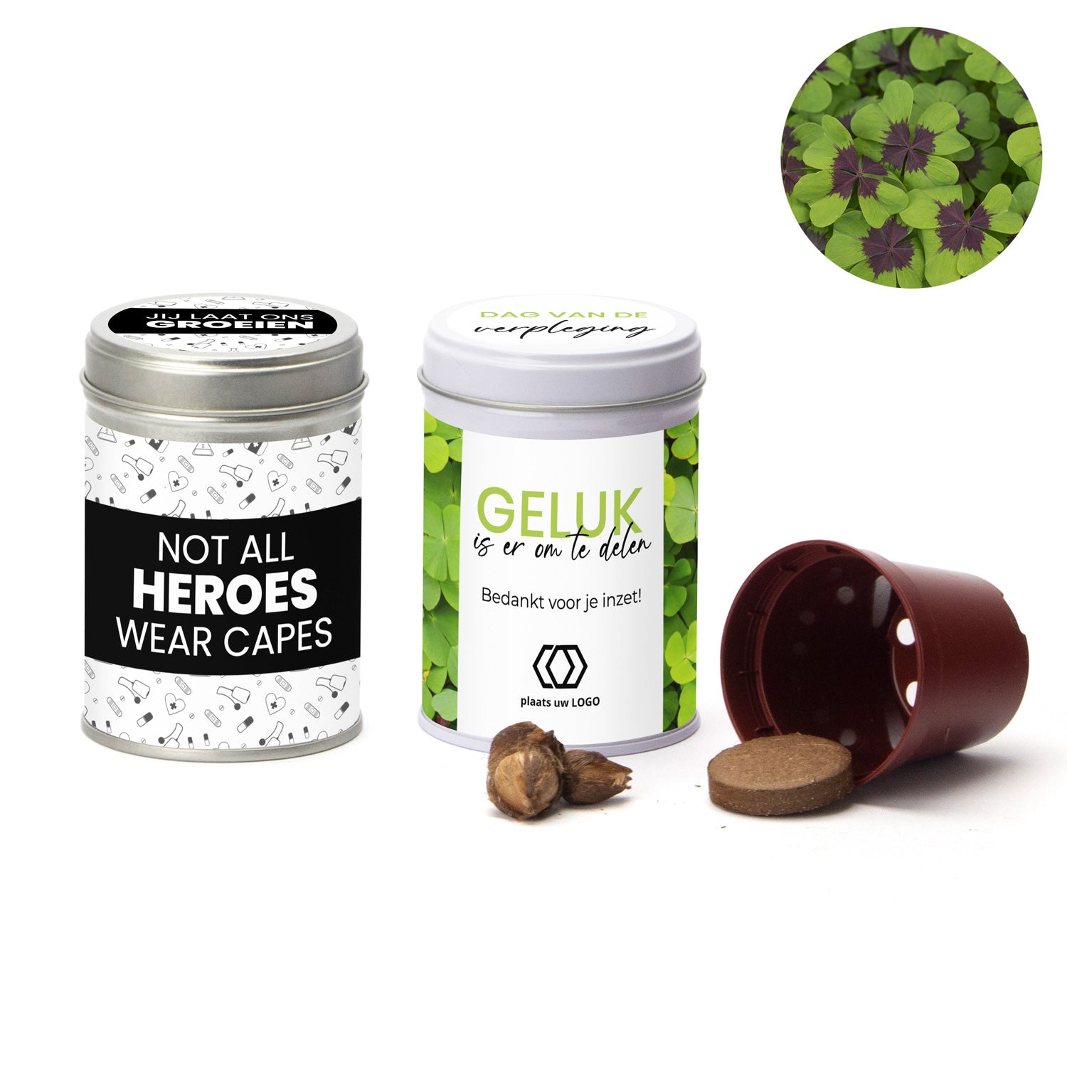 Klavertje vier kweeksetje in blikje - Verpleging - Bedankjes.nl