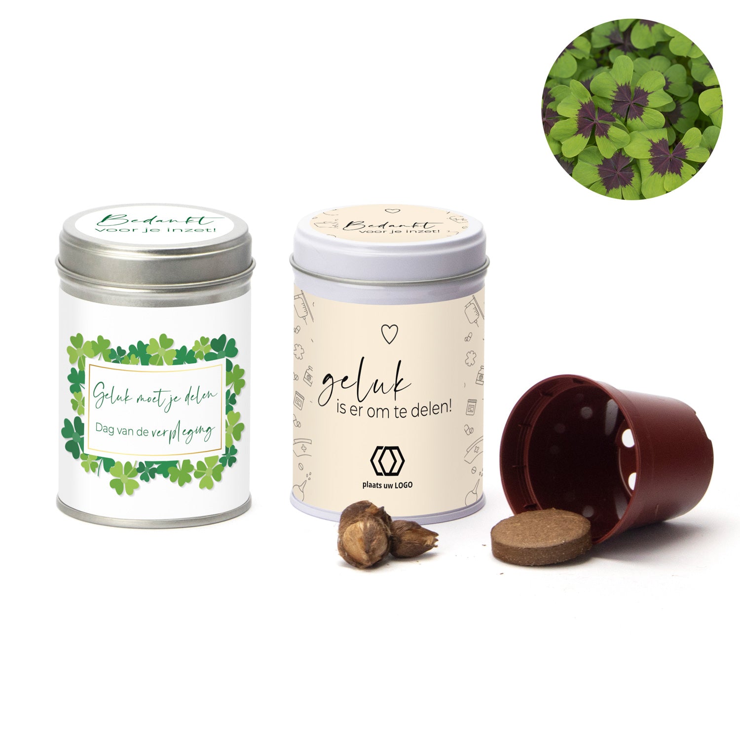 Klavertje vier kweeksetje in blikje - Verpleging - Bedankjes.nl