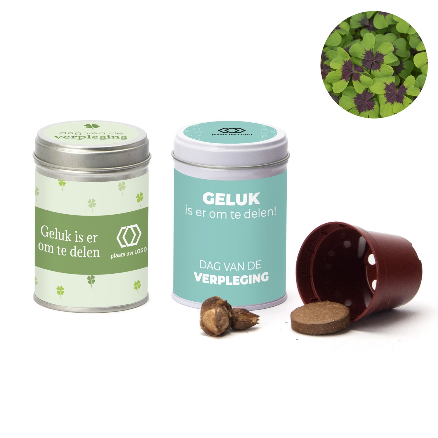 Klavertje vier kweeksetje in blikje - Verpleging - Bedankjes.nl