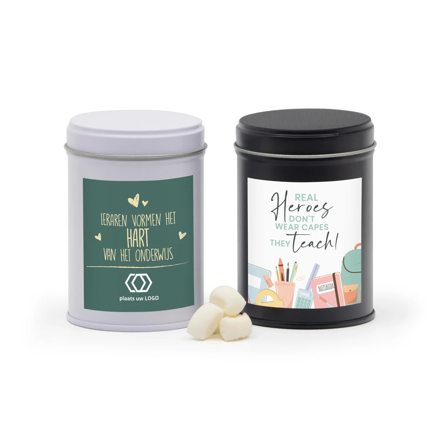 Blik met snoep en eigen etiket - Leraar - Bedankjes.nl