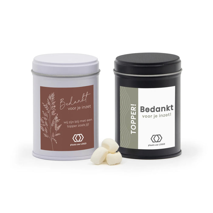 Blik met snoep en eigen etiket - Zakelijk Blik met snoep en eigen etiket - Zakelijk