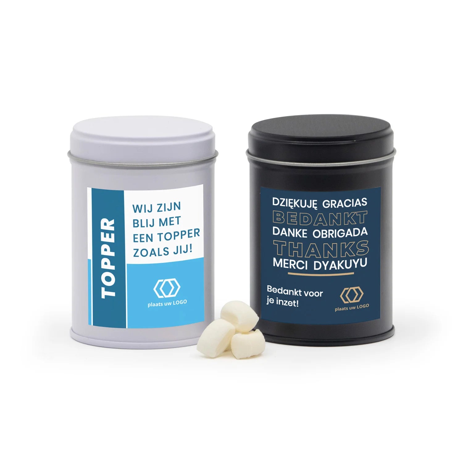 Blik met snoep en eigen etiket - Zakelijk - Bedankjes.nl