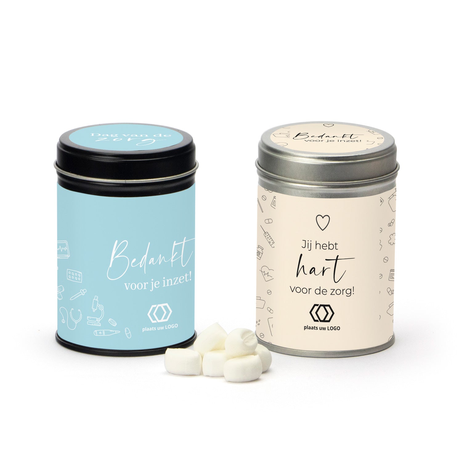 Blik met snoep en eigen wikkel - Verpleging - Bedankjes.nl