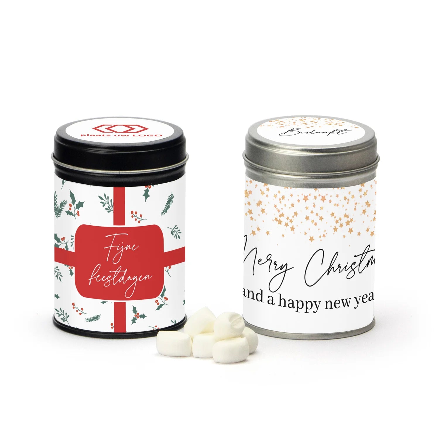 Blik met snoep en eigen wikkel - Kerst - Bedankjes.nl