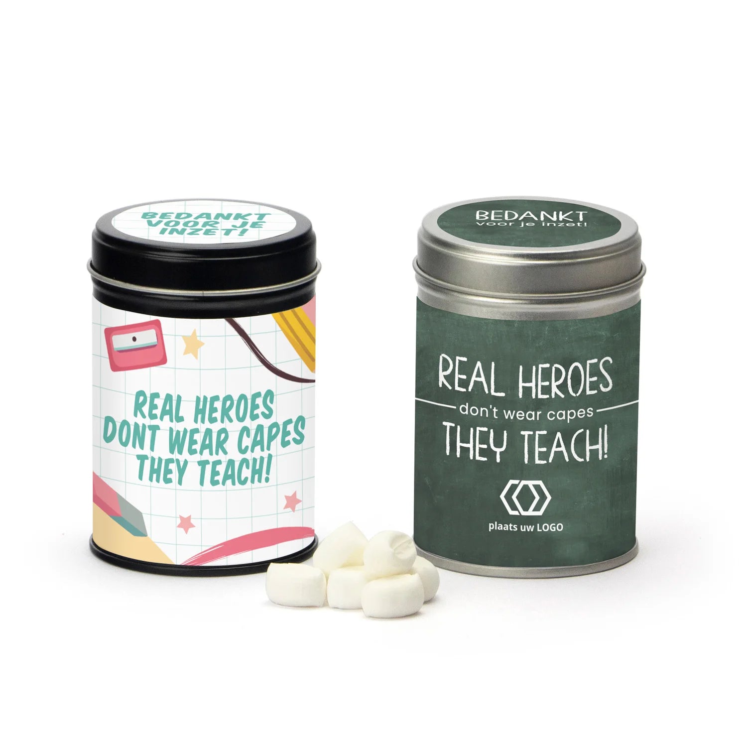 Blik met snoep en eigen wikkel - Leraar - Bedankjes.nl