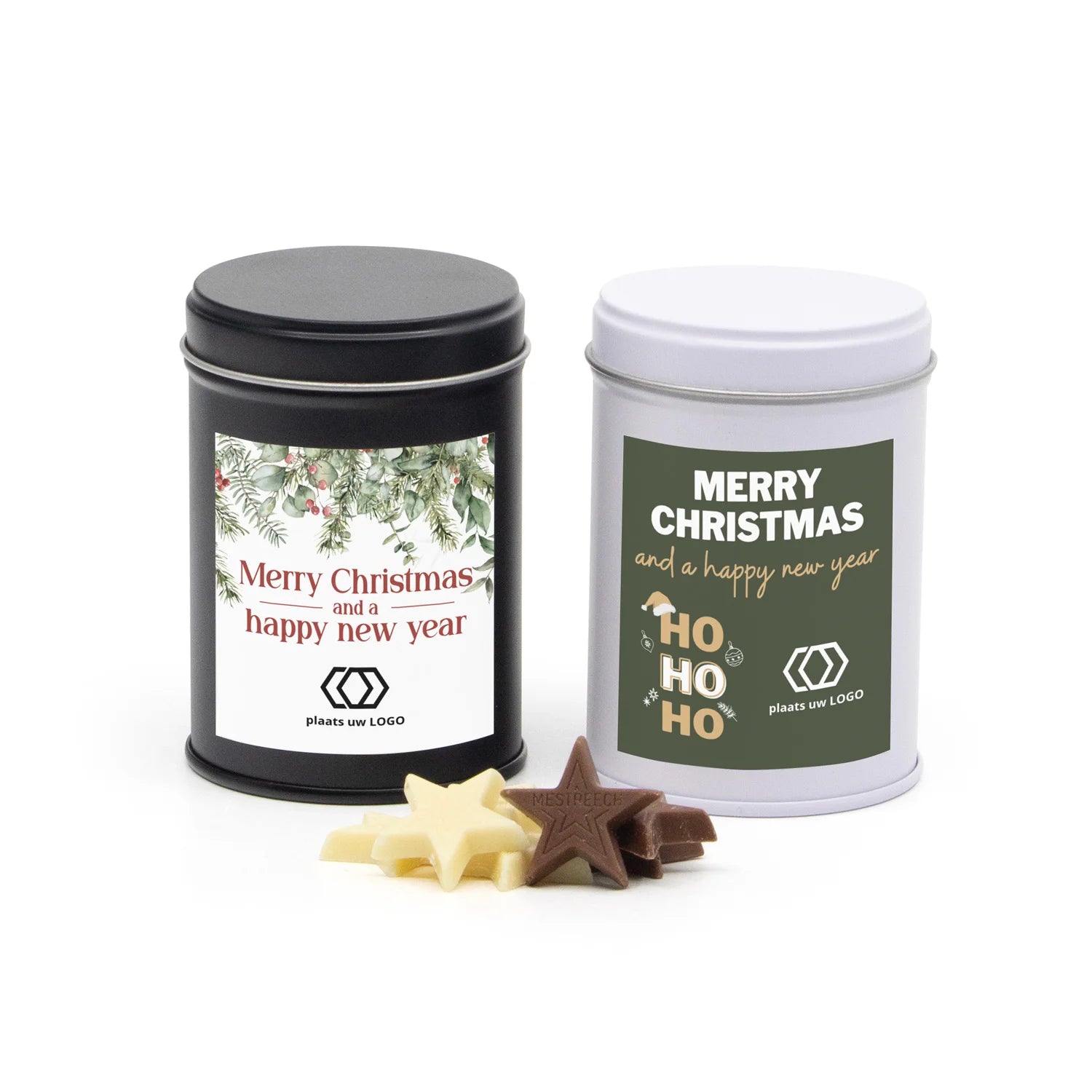 Blik met chocolade en eigen etiket - Kerst - Bedankjes.nl