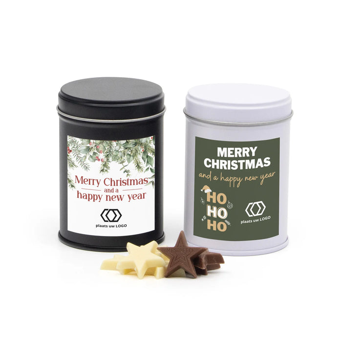 Blik met chocolade en eigen etiket - Kerst Blik met chocolade en eigen etiket - Kerst