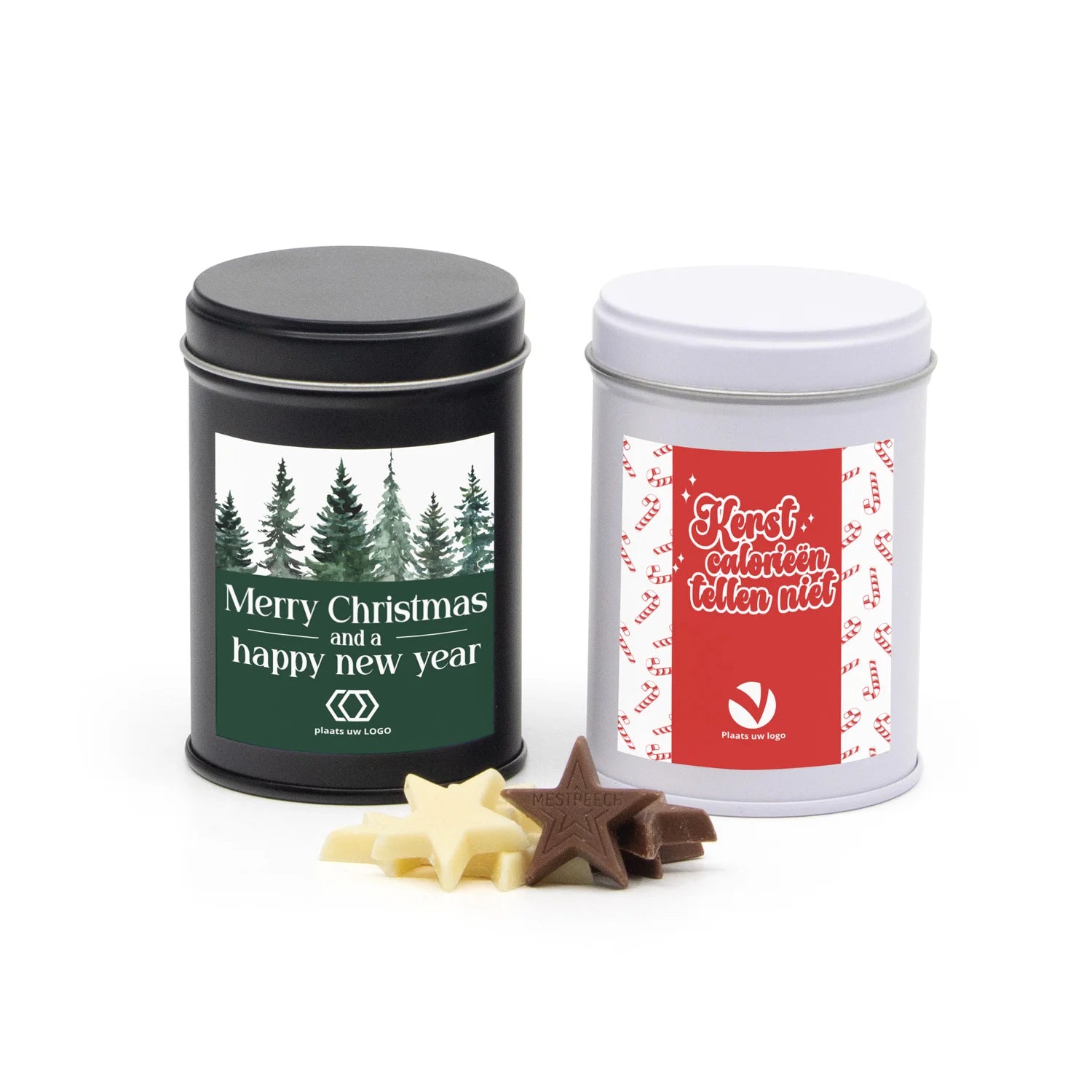Blik met chocolade en eigen etiket - Kerst - Bedankjes.nl