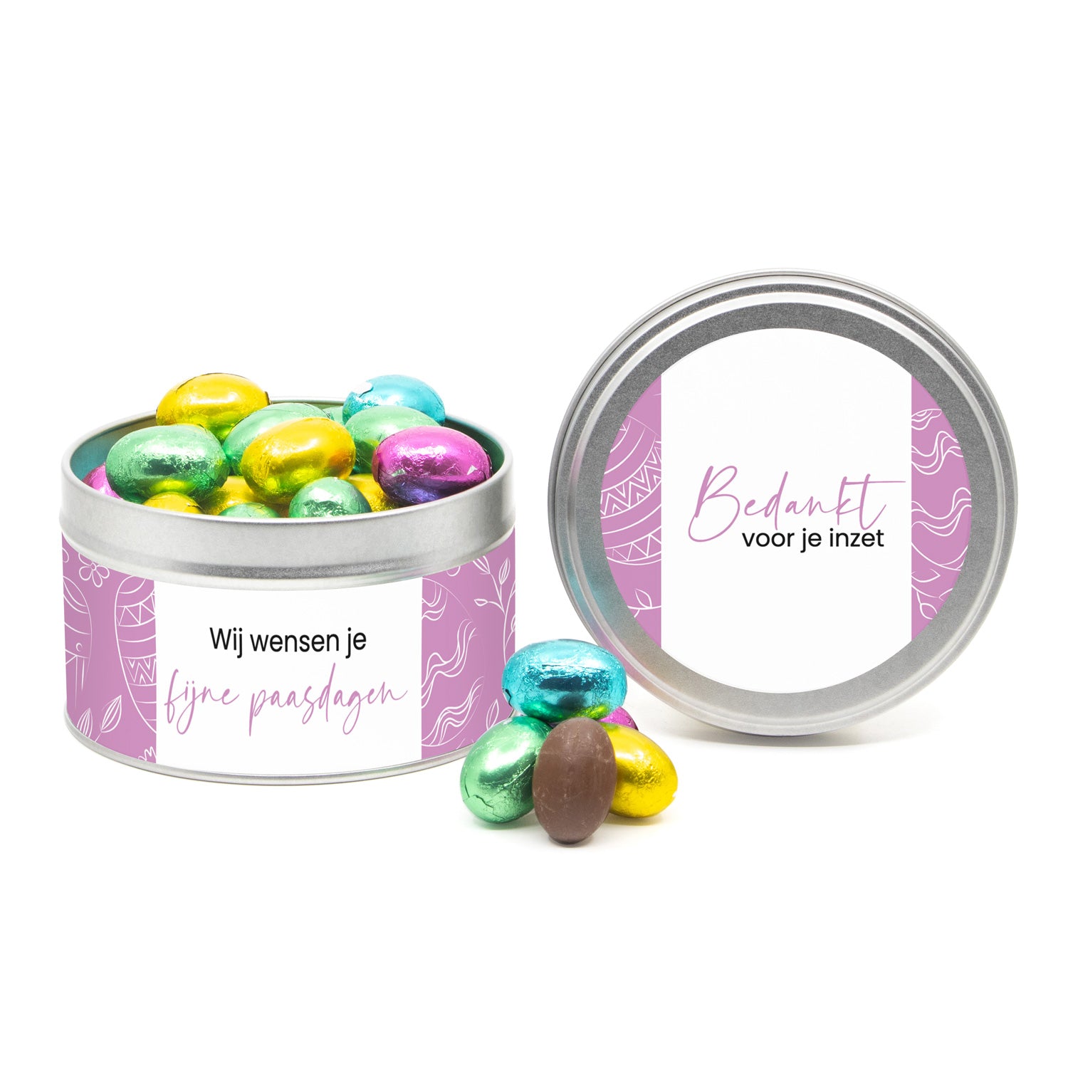 Rond blik paaseitjes en eigen etiket - Pasen - Bedankjes.nl