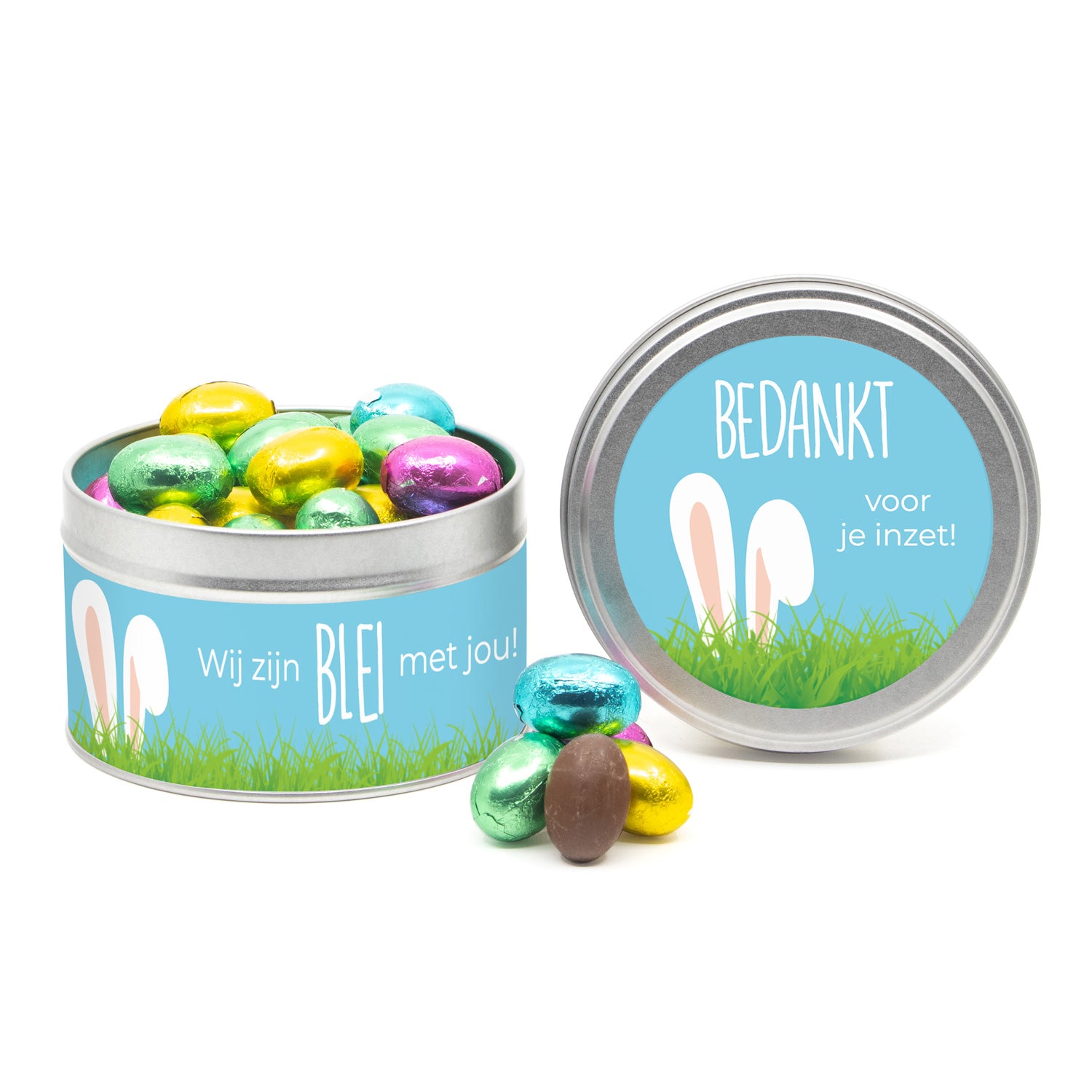 Rond blik paaseitjes en eigen etiket - Pasen - Bedankjes.nl
