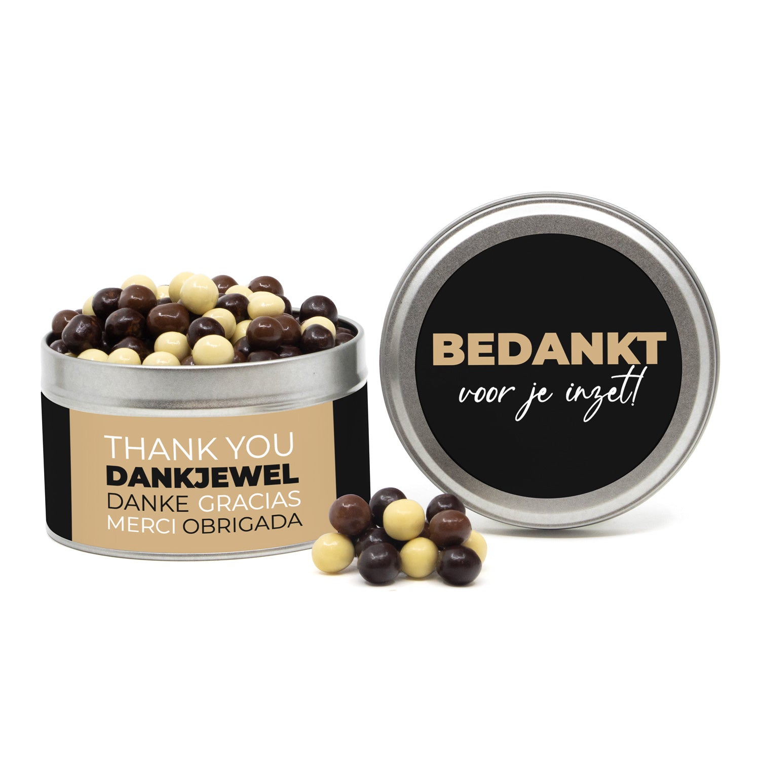 Rond blik met snoep en eigen etiket - Zakelijk - Bedankjes.nl