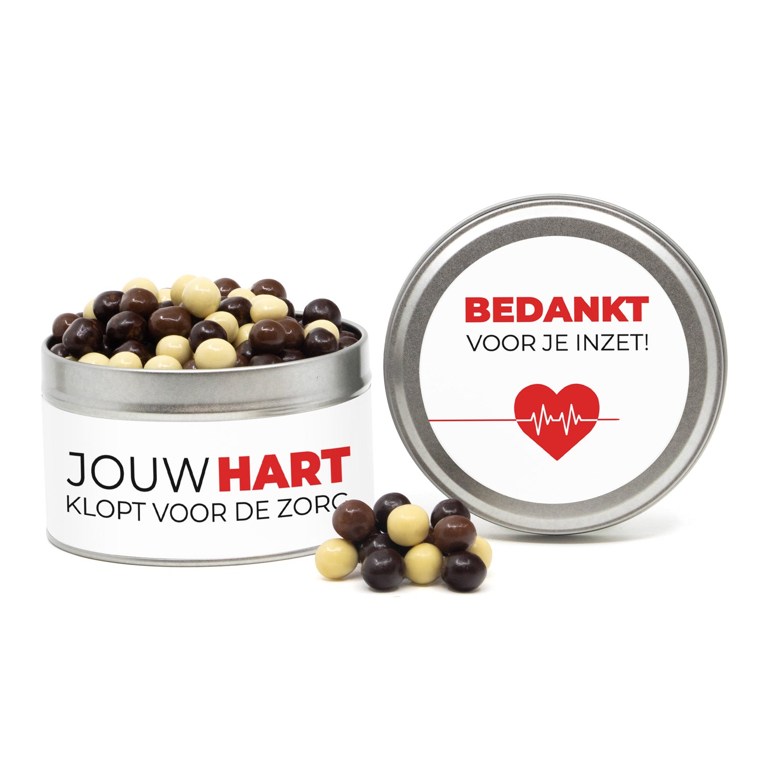 Rond blik met snoep en eigen etiket - Verpleging - Bedankjes.nl