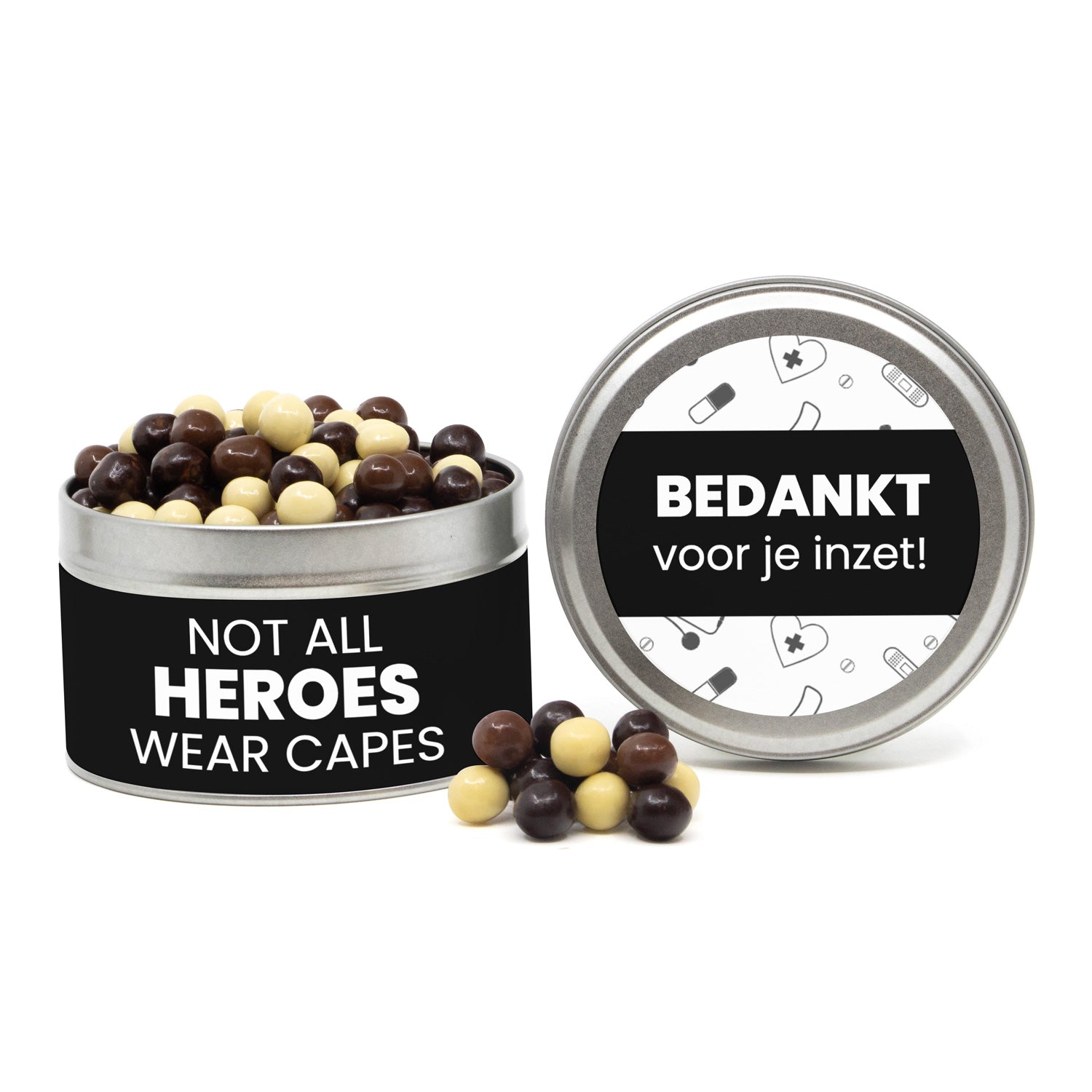 Rond blik met snoep en eigen etiket - Verpleging - Bedankjes.nl