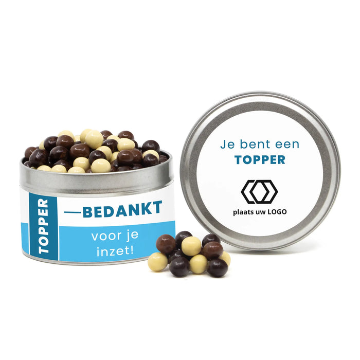 Rond blik met snoep en eigen etiket - Zakelijk Rond blik met snoep en eigen etiket - Zakelijk