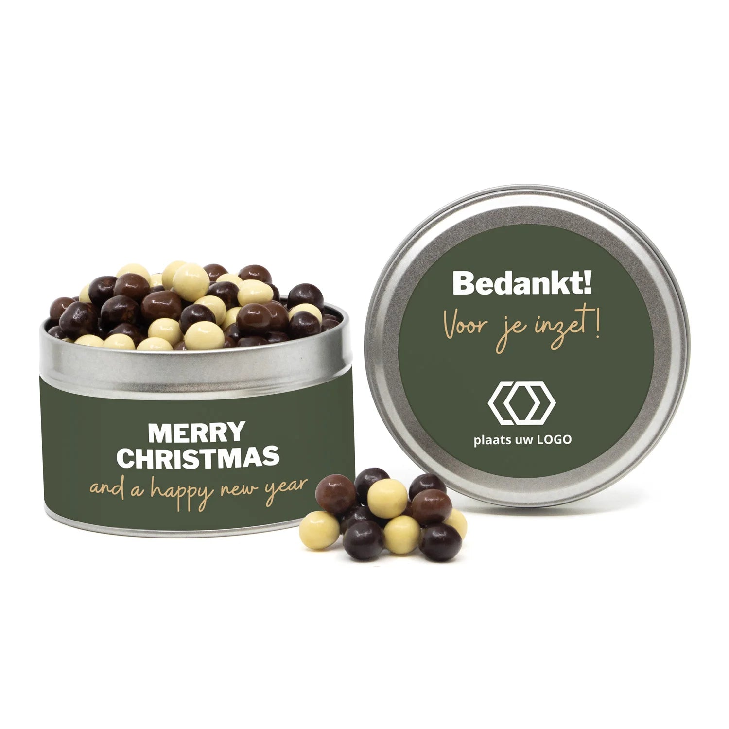 Rond blik met snoep en eigen etiket - Kerst - Bedankjes.nl