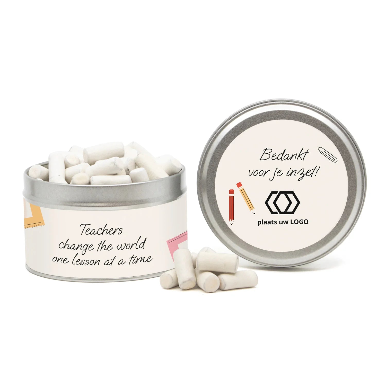 Rond blik met snoep en eigen etiket - Leraar - Bedankjes.nl