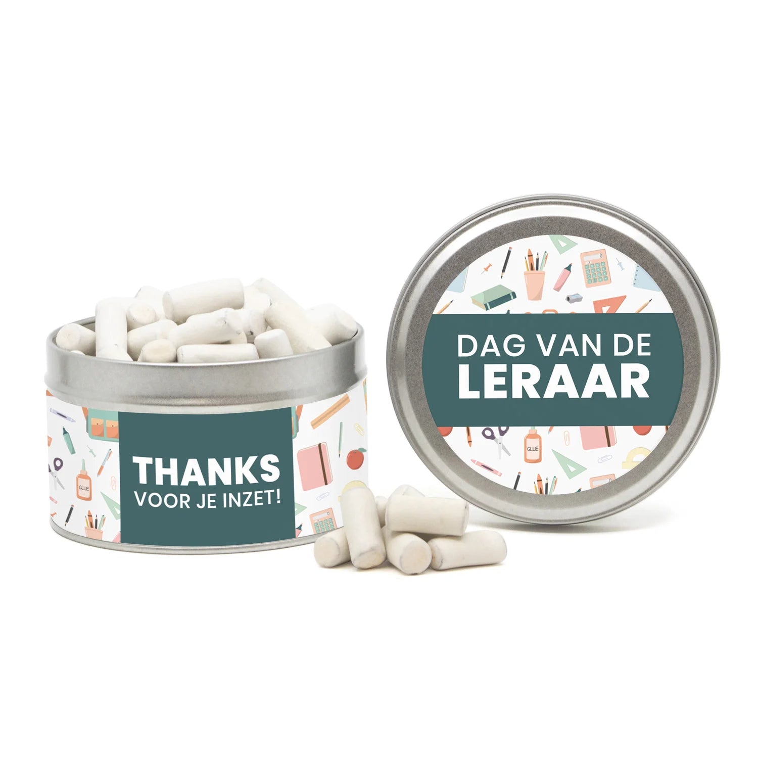 Rond blik met snoep en eigen etiket - Leraar - Bedankjes.nl