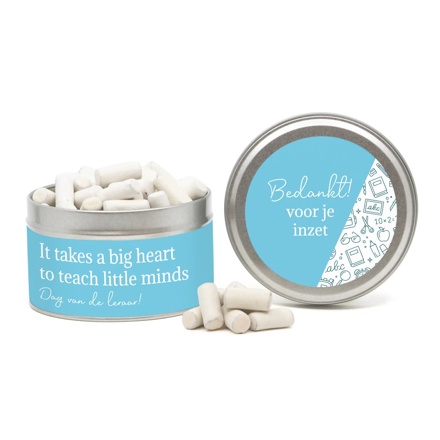 Rond blik met snoep en eigen etiket - Leraar - Bedankjes.nl