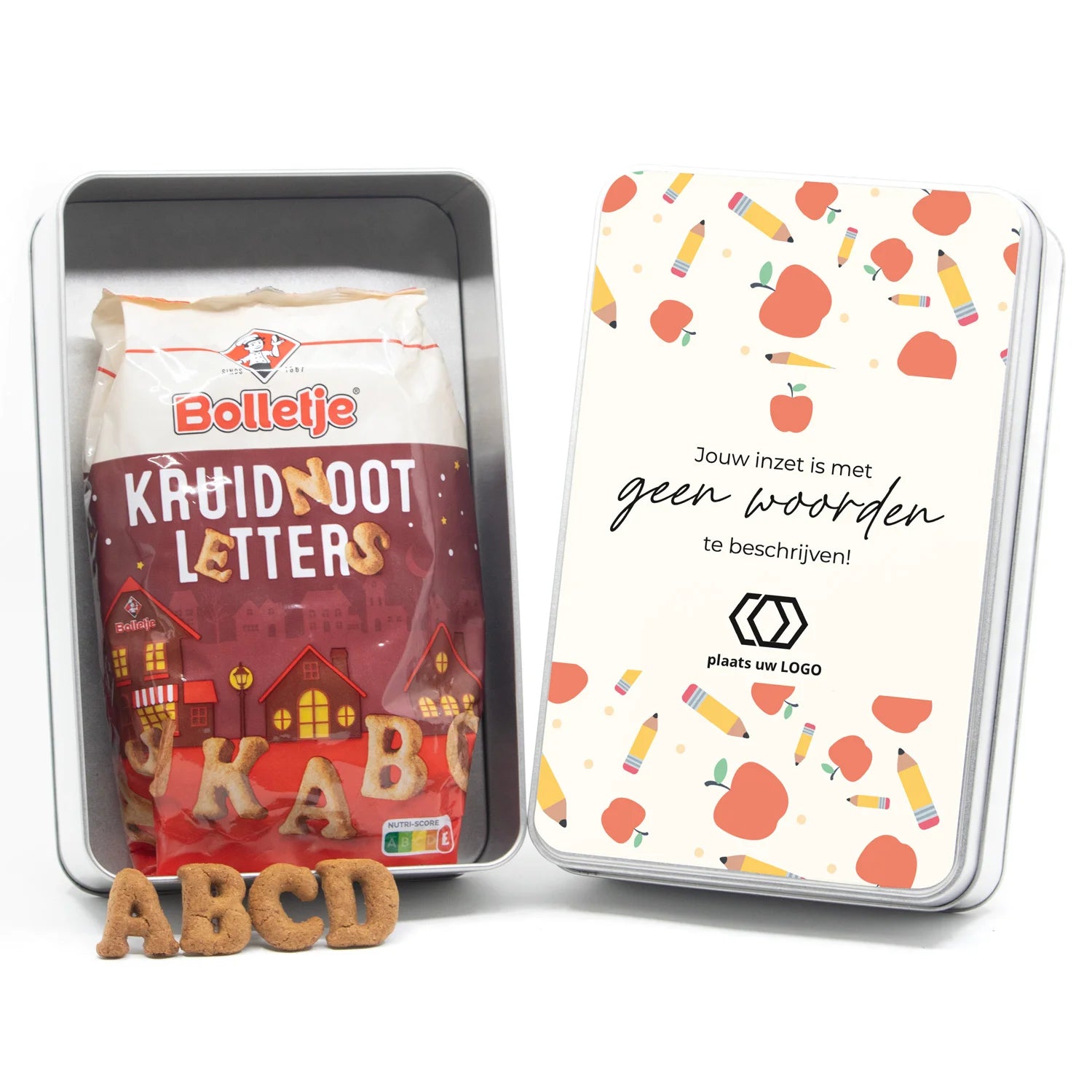 Blik met kruidnootletters en eigen etiket - Dag van de Leraar - Bedankjes.nl