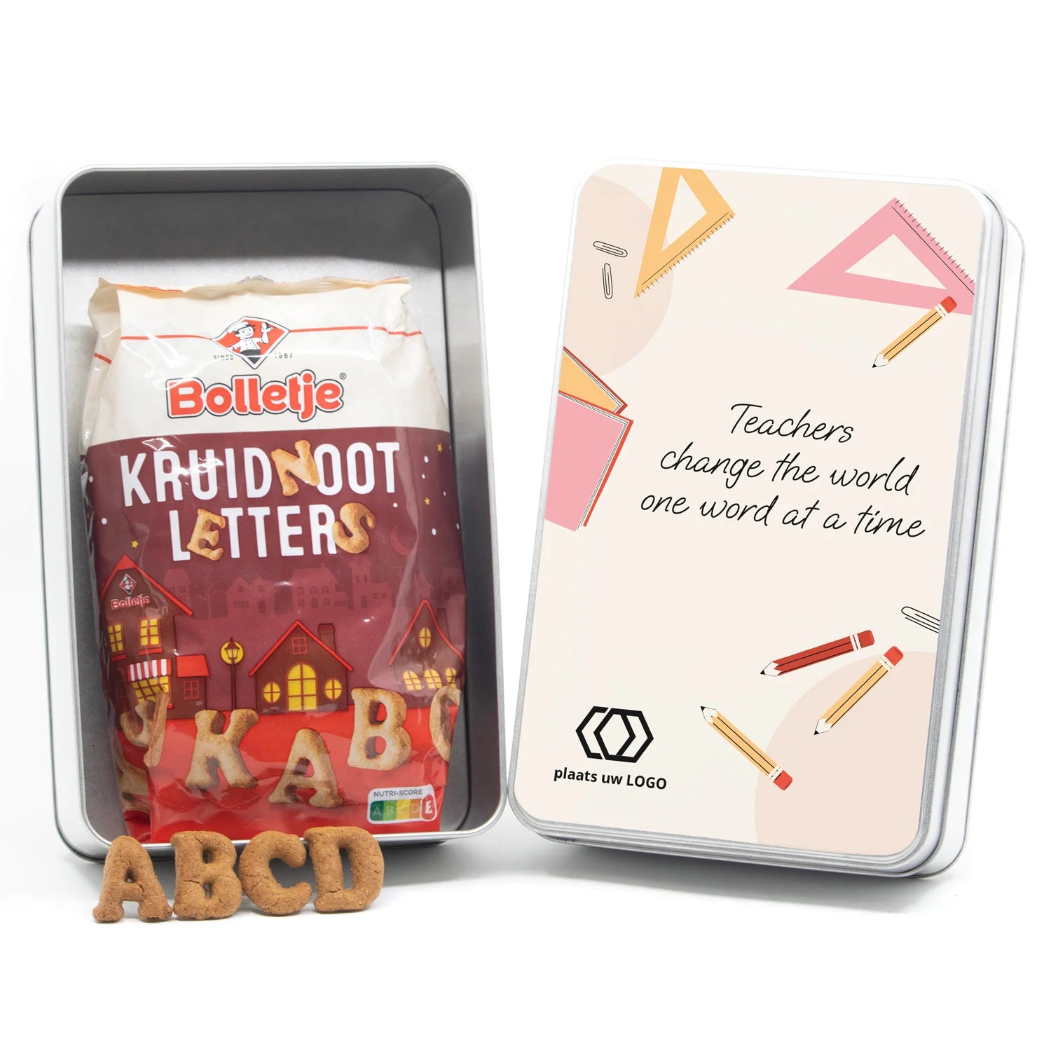 Blik met kruidnootletters en eigen etiket - Dag van de Leraar - Bedankjes.nl