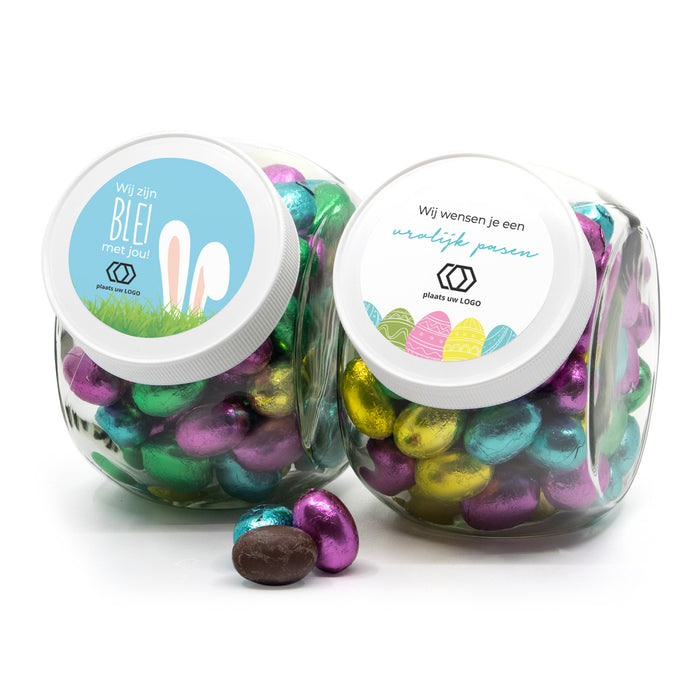 Glazen snoeppot 0,9L met paaseitjes en logo - Pasen Glazen snoeppot 0,9L met paaseitjes en logo - Pasen