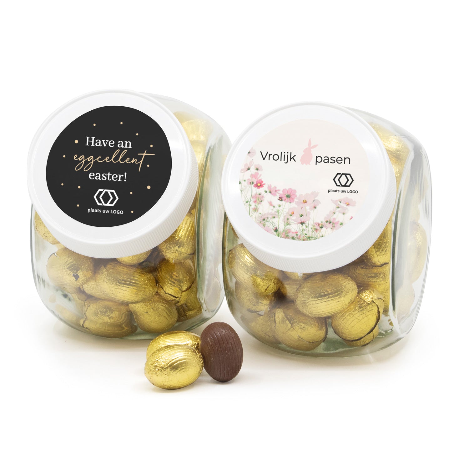 Glazen snoeppot 0,9L met paaseitjes en logo - Pasen - Bedankjes.nl