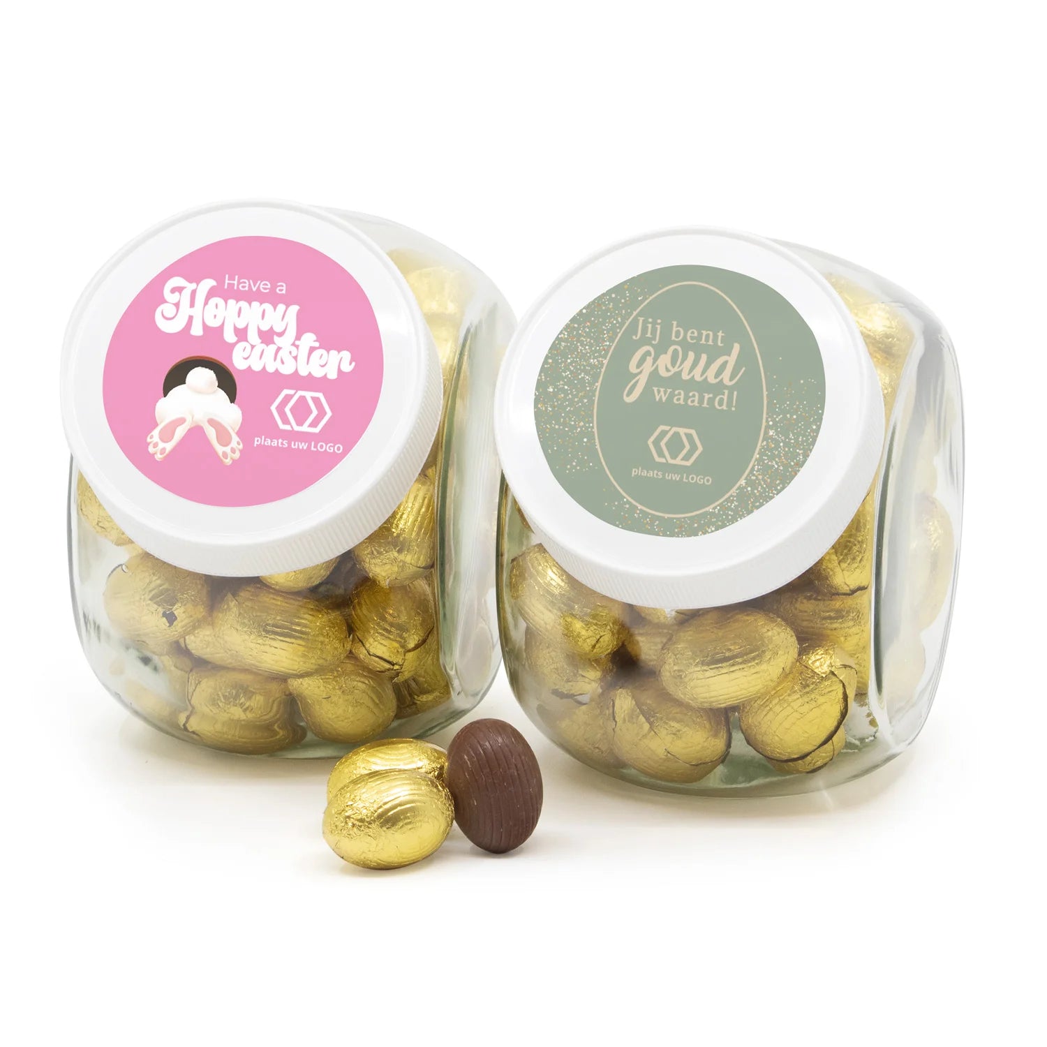 Glazen snoeppot 0,9L met paaseitjes en logo - Pasen - Bedankjes.nl