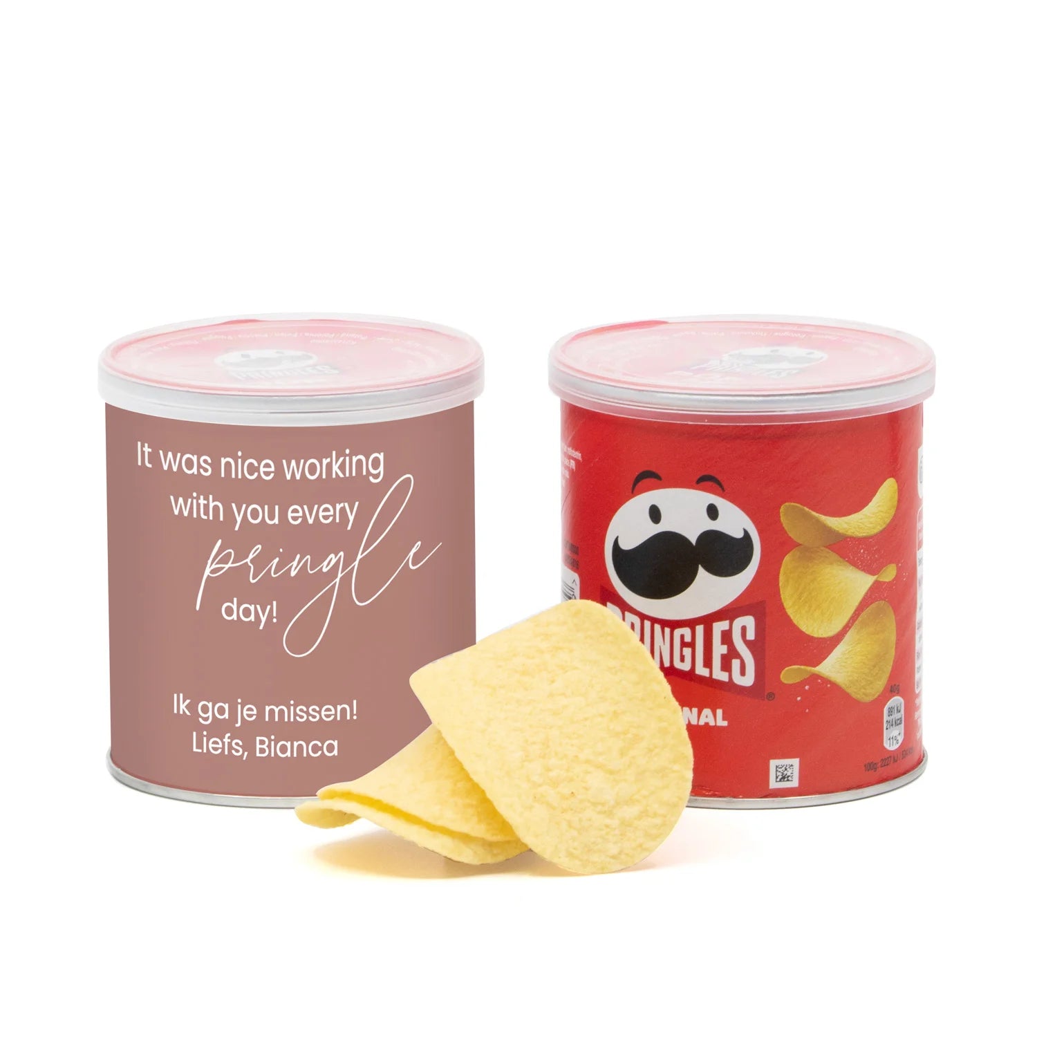 Pringles chipsblikje met eigen wikkel 40 gram - Afscheid Collega - Bedankjes.nl