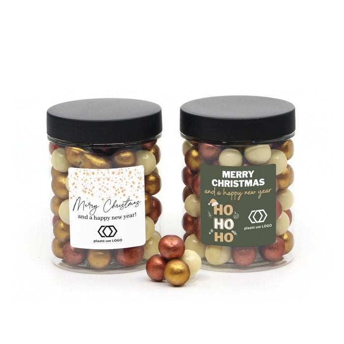 Potje met snoep en eigen etiket zwart deksel - Kerst Potje met snoep en eigen etiket zwart deksel - Kerst