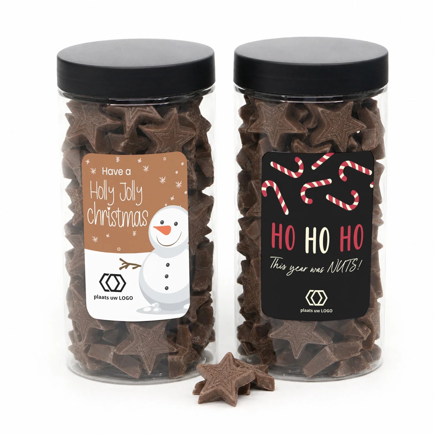 Pot met chocolade sterren en eigen etiket - Kerst