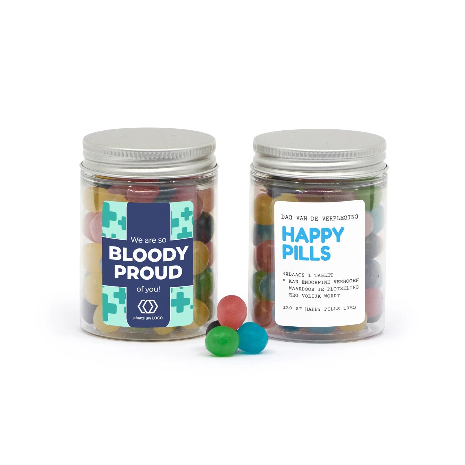 Potje happy pills met eigen etiket - Verpleging - Bedankjes.nl