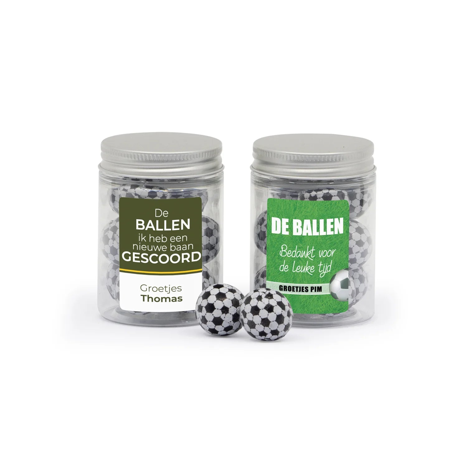 De ballen in potje met eigen etiket - Afscheid collega - Bedankjes.nl